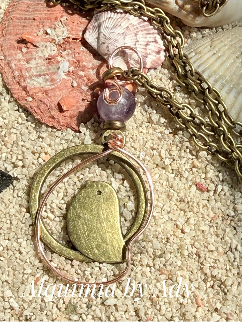 BOHO Brass and Rose Gold Bird Pendant Necklace with Purple Amethyst Bead
